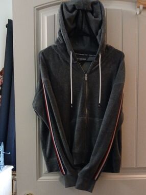 Tommy Hilfiger Dark Gray Hooded Zip Sweater with Red-White-Blue Stripe